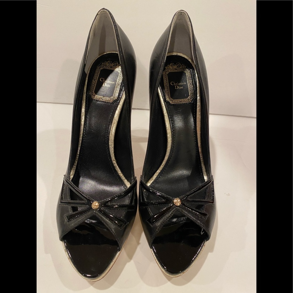Christian Dior open toe pumps heels leather coated cork black pale gold 39 - Picture 6 of 13